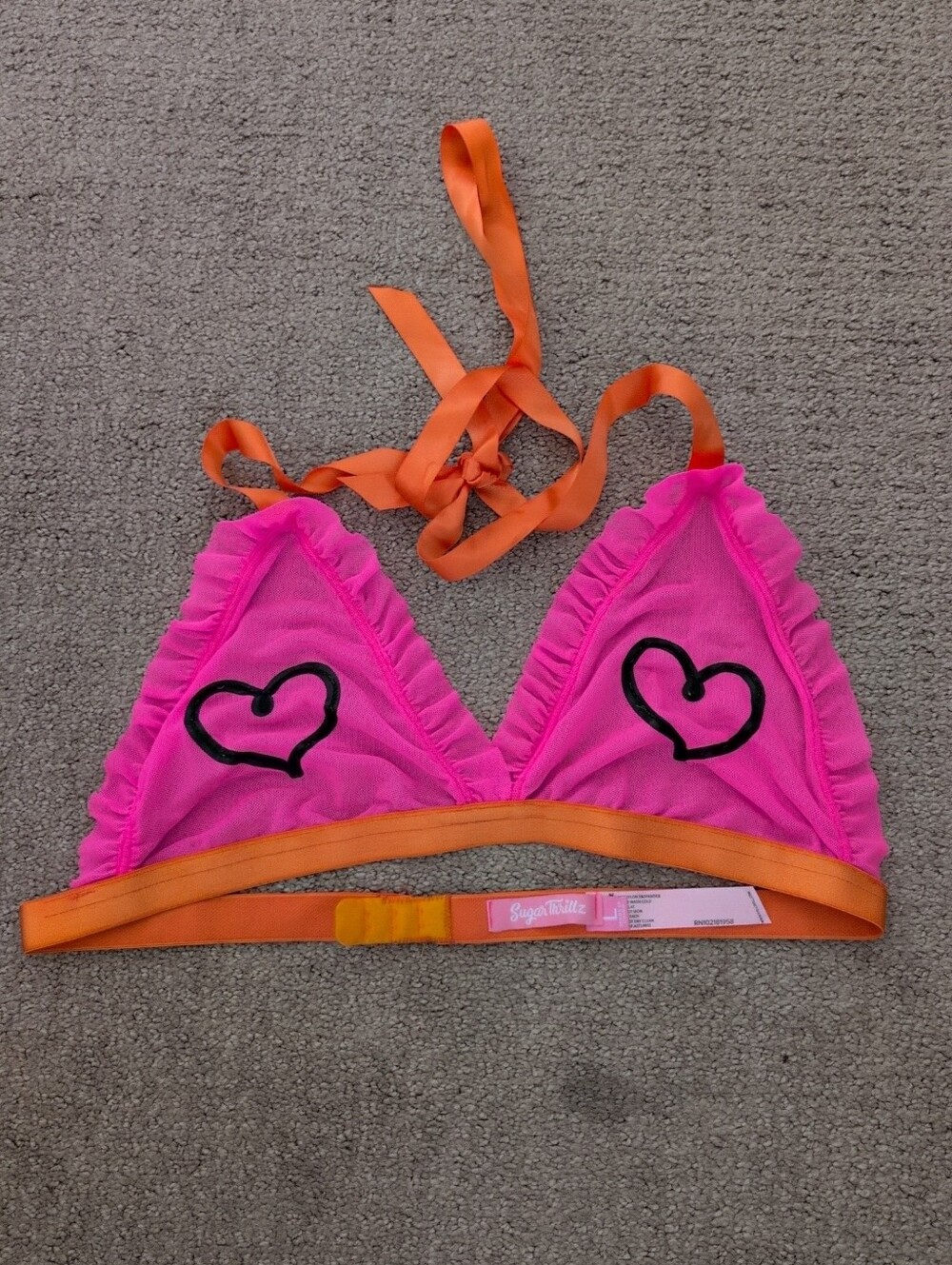 Sugar Thrillz Bright Pink & Orange Heart Triangle Tie Back Bralette